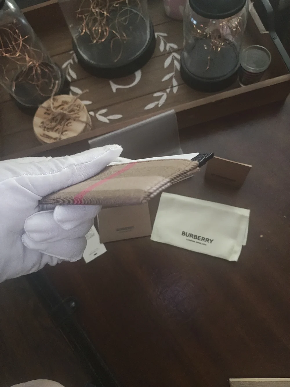 Burberry Tan Check Card Holder with Red Accent Stripe - Picture 3 of 10